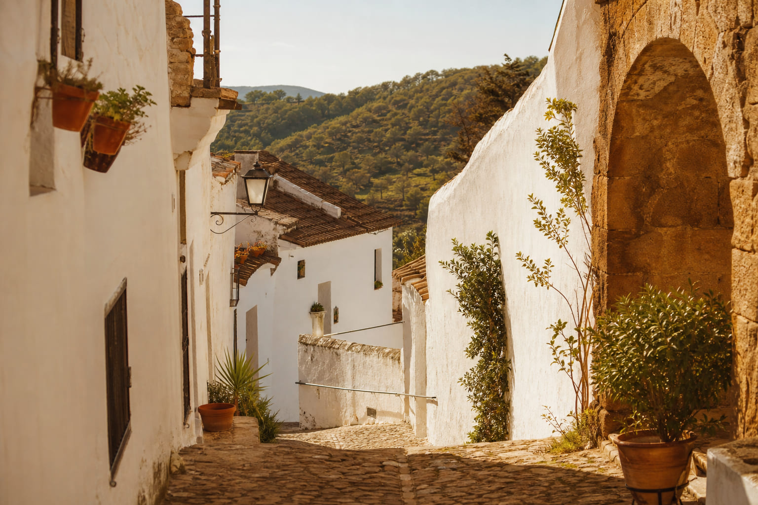 Whitewashed streets and warm daylight in Niebla, Huelva